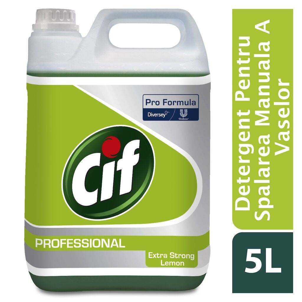Etichetă detergent vase Cif Extra Strong Lemon 5L cu specificații și dozare recomandată