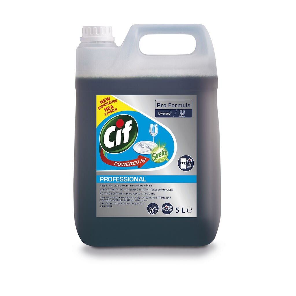 Veselă și tacâmuri curate, strălucitoare, rezultat agent clătire CIF Professional Rinse Aid 2×5 L