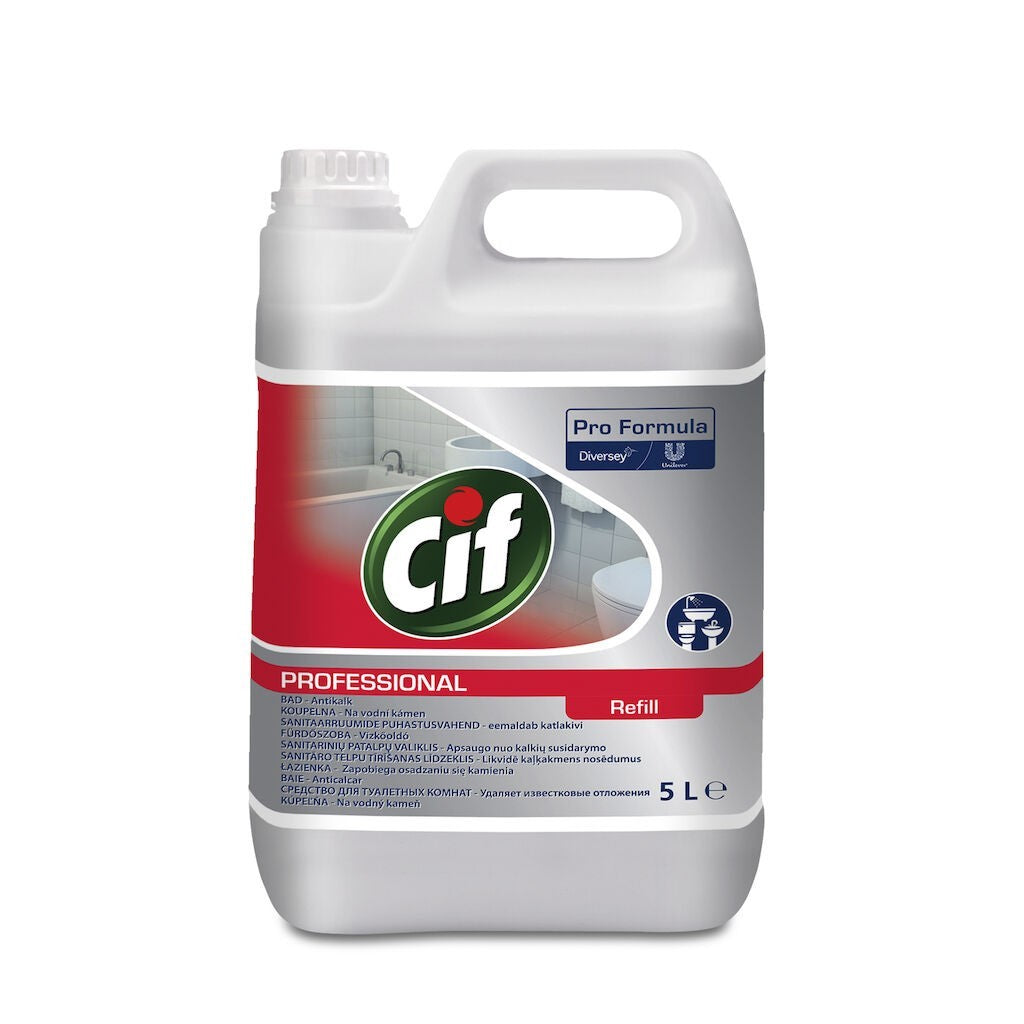 Cif Professional Washroom 5L, etichetă cu specificații de utilizare și suprafețe compatibile