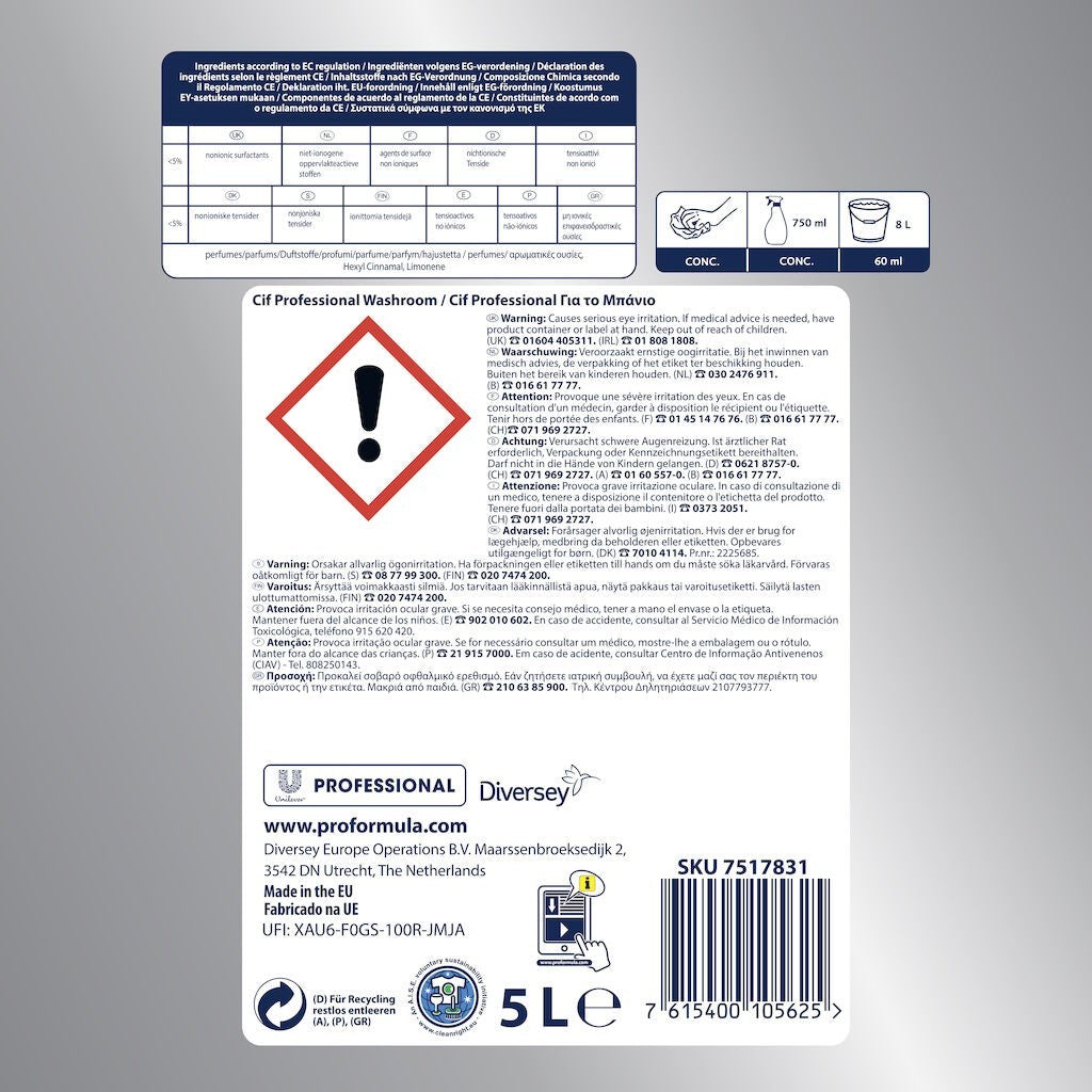 Cif Professional Washroom 5L, vedere laterală cu instrucțiuni de utilizare și avertismente