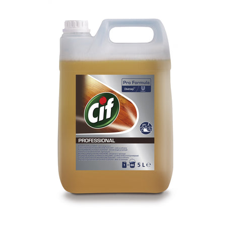 Flacon CIF Professional 5 L detergent pardoseli lemn, etichetă cu instrucțiuni de dozare