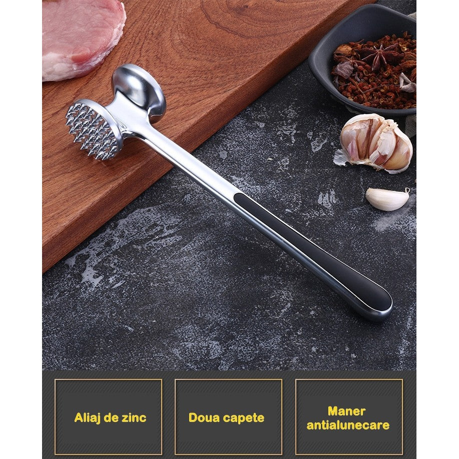 Ciocan pentru snitele si carne Vivimall, din aliaj de zinc, maner antialunecare, doua capete, 22 cm, argintiu - vivimall.ro