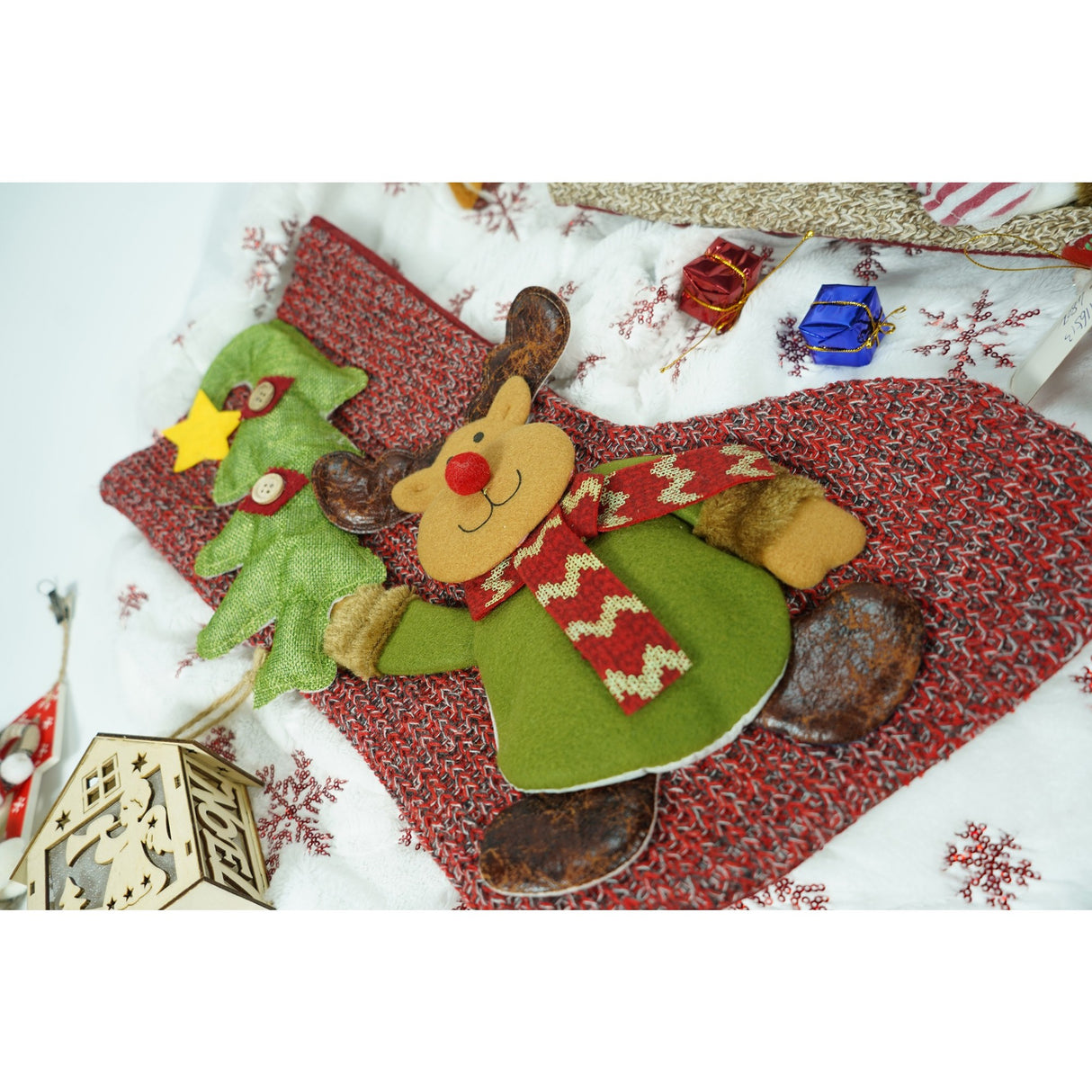 Ciorap Cadouri, Flippy, cu model ren, rosu, marimea 20x45 cm, textil, interior - vivimall.ro