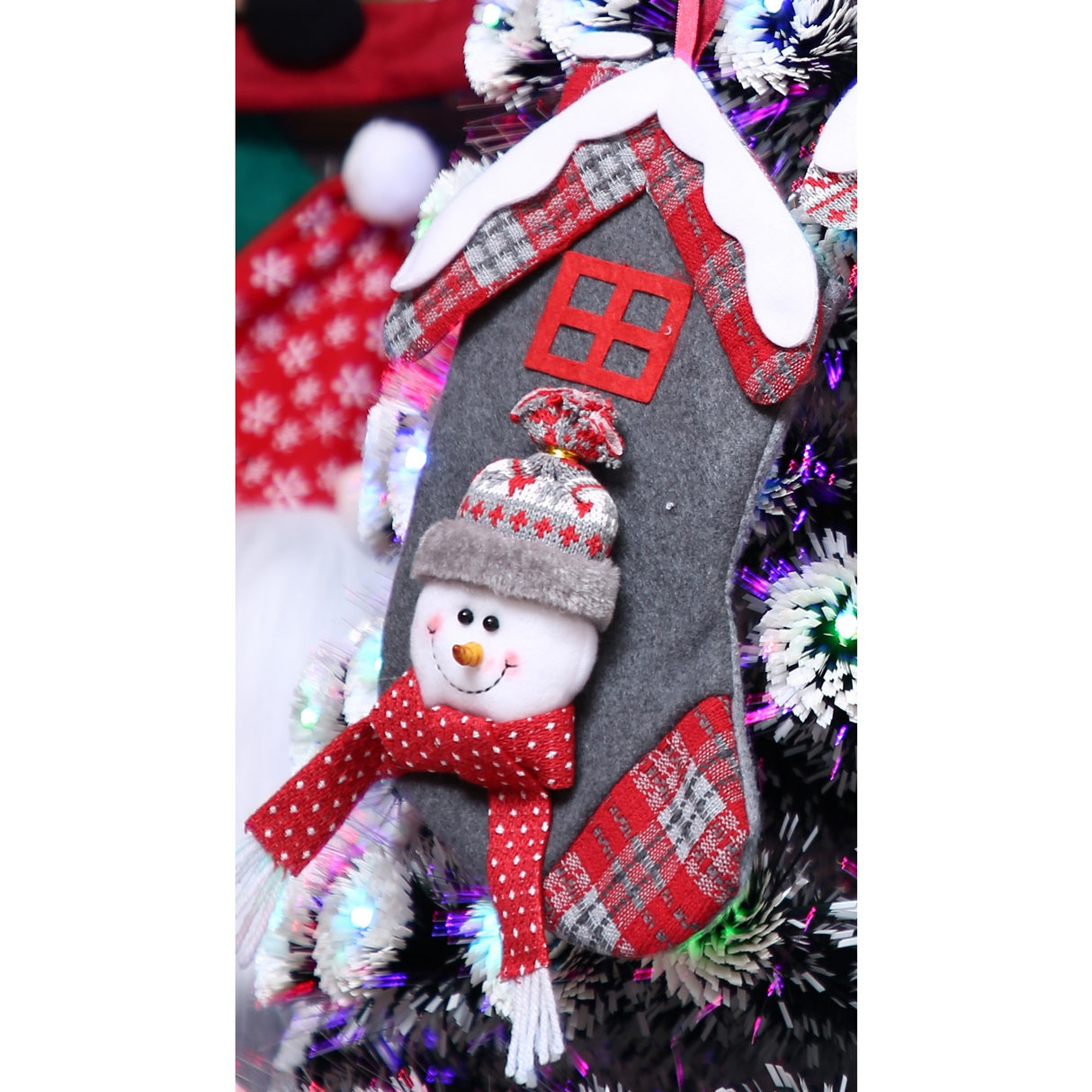 Ciorap Cadouri, model casa, culoare gri, imprimeu om de zapada, marimea 15x30 cm, Vivimall - vivimall.ro