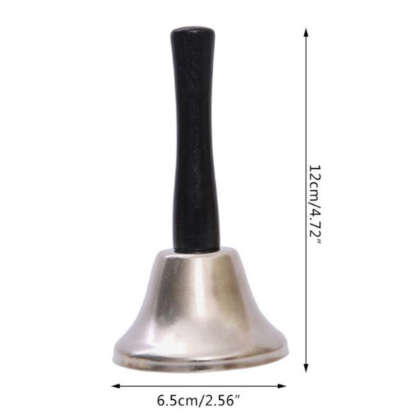 Kézi csengő, fém, fa fogantyú, hossza 12 cm, átmérő 6,5 cm 