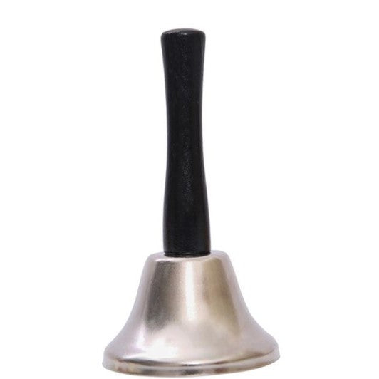 Kézi csengő, fém, fa fogantyú, hossza 12 cm, átmérő 6,5 cm 