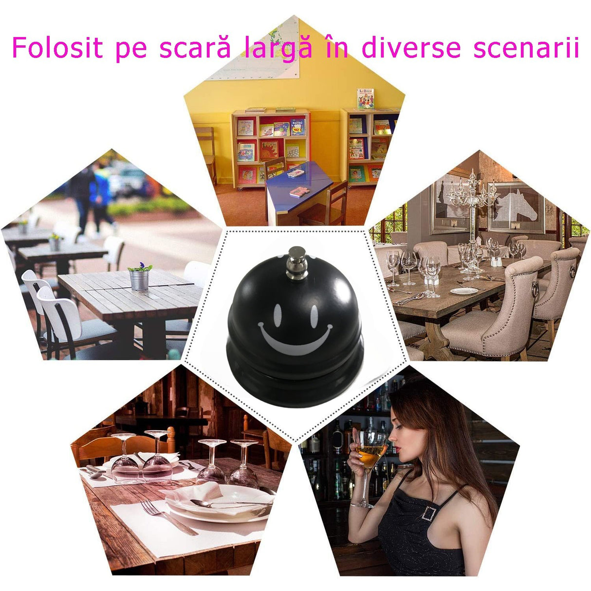 Multifunkcionális fém csengő, mosolygós arccal, recepció, étterem, kávézók