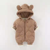 Combinezon de Iarna, Vivimall, pentru Bebelusi, din Bumbac, cu Urechi, Mansete Elastice, Unisex, 66 cm, Maro - vivimall.ro