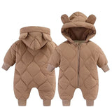 Combinezon de Iarna, Vivimall, pentru Bebelusi, din Bumbac, cu Urechi, Mansete Elastice, Unisex, 66 cm, Maro - vivimall.ro
