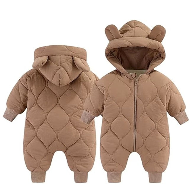 Combinezon de Iarna, Vivimall, pentru Bebelusi, din Bumbac, cu Urechi, Mansete Elastice, Unisex, 73 cm, Maro - vivimall.ro