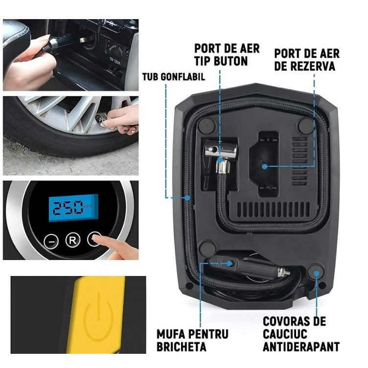 Compresor Auto Portabil cu Lanterna si Afisaj Electornic Vivimall, DC 12V, 120W, 35L/min, Cablu de alimentare 3m, Pompa Biciclete, Moto, Mingi, Saltele, Max 10.3bar, lumina LED, Negru - vivimall.ro