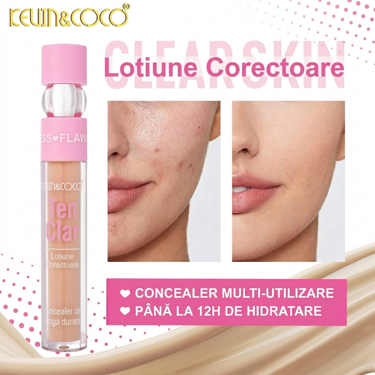 Corector lichid Kevin&Coco Clear Skin bej deschis, textură cremă acoperire medie, detaliu produs