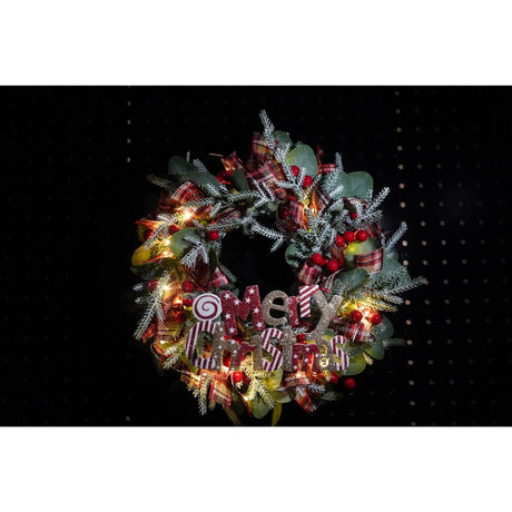 Karácsonyi koszorú ajtóra, 40 cm, PVC, műbőr, díszített, LED-del, beltéri/kültéri