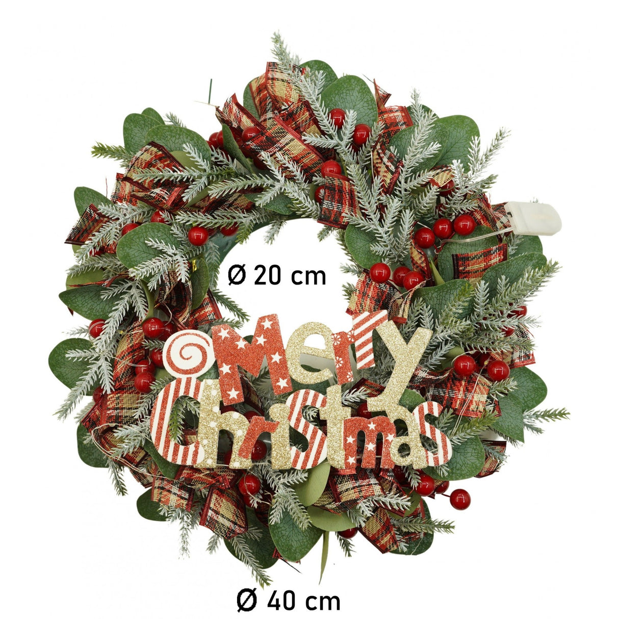 Karácsonyi koszorú ajtóra, 40 cm, PVC, műbőr, díszített, LED-del, beltéri/kültéri
