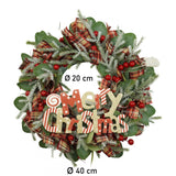 Karácsonyi koszorú ajtóra, 40 cm, PVC, műbőr, díszített, LED-del, beltéri/kültéri