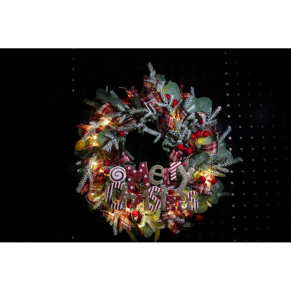 Karácsonyi koszorú ajtóra, 40 cm, PVC, műbőr, díszített, LED-del, beltéri/kültéri