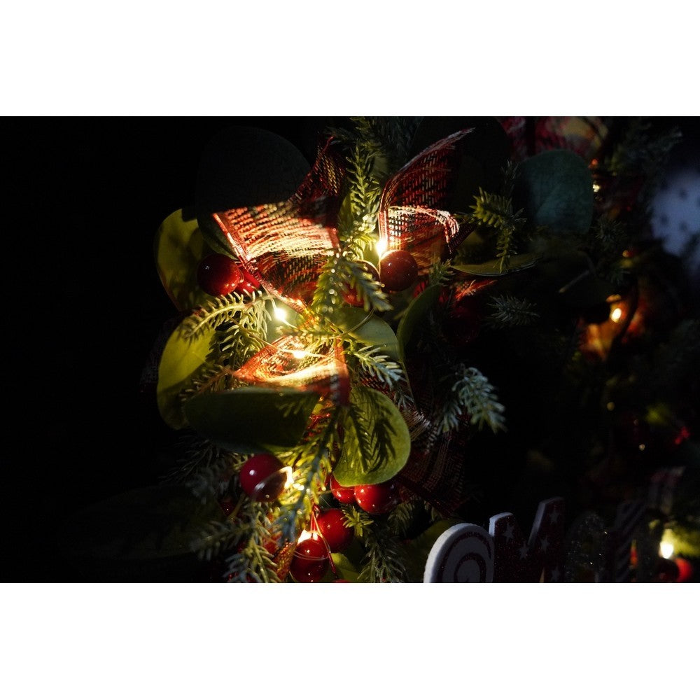 Karácsonyi koszorú ajtóra, 40 cm, PVC, műbőr, díszített, LED-del, beltéri/kültéri