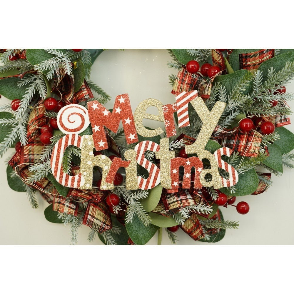 Karácsonyi koszorú ajtóra, 40 cm, PVC, műbőr, díszített, LED-del, beltéri/kültéri