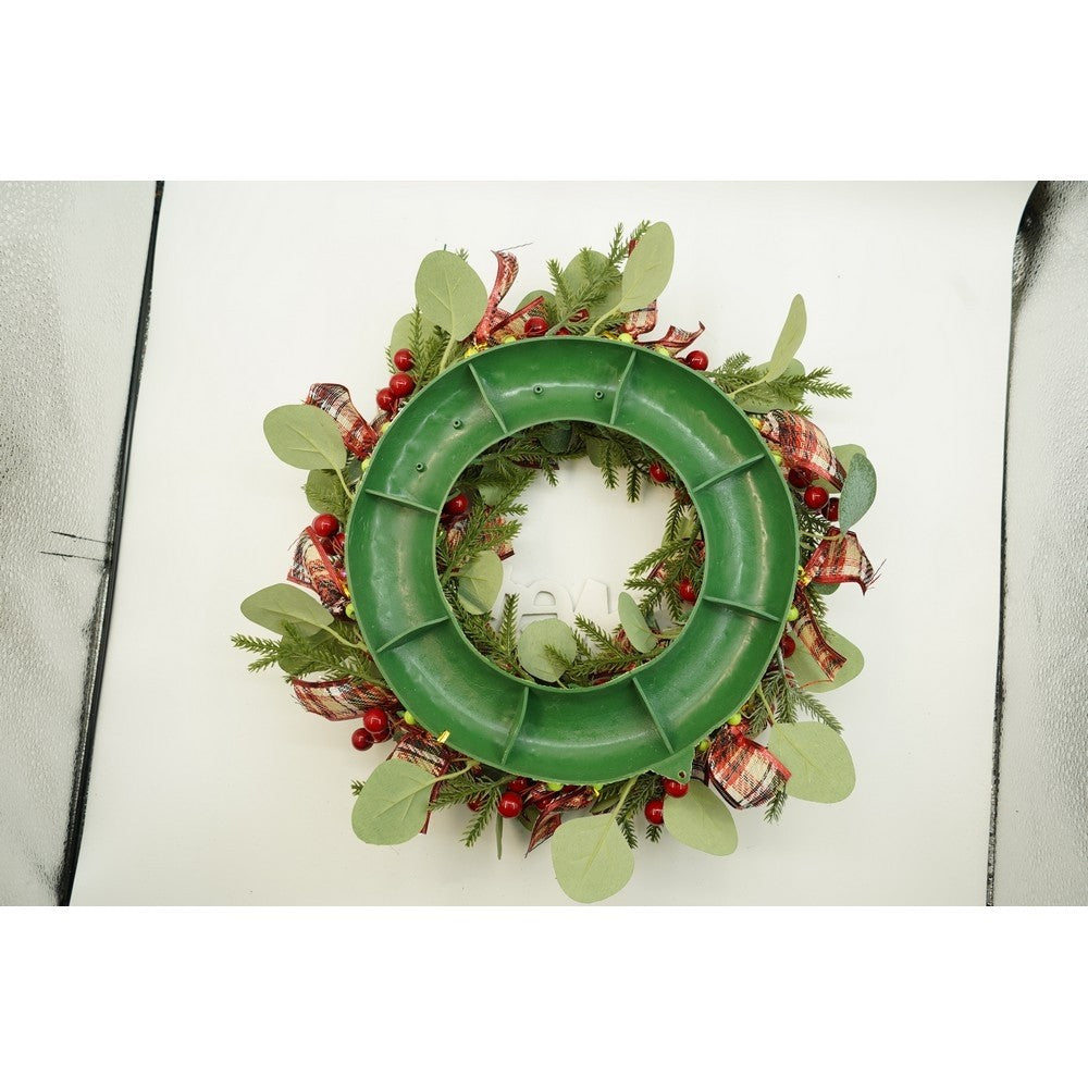 Karácsonyi koszorú ajtóra, 40 cm, PVC, műbőr, díszített, LED-del, beltéri/kültéri