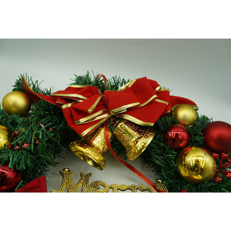 Karácsonyi koszorú ajtóra, piros/zöld, 40 cm, PVC, műbőr, díszített, beltéri/kültéri
