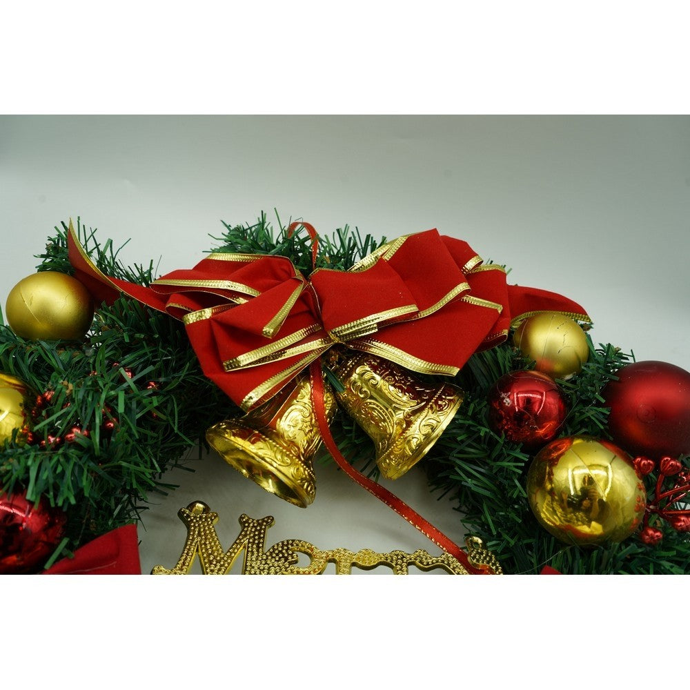 Karácsonyi koszorú ajtóra, piros/zöld, 40 cm, PVC, műbőr, díszített, beltéri/kültéri