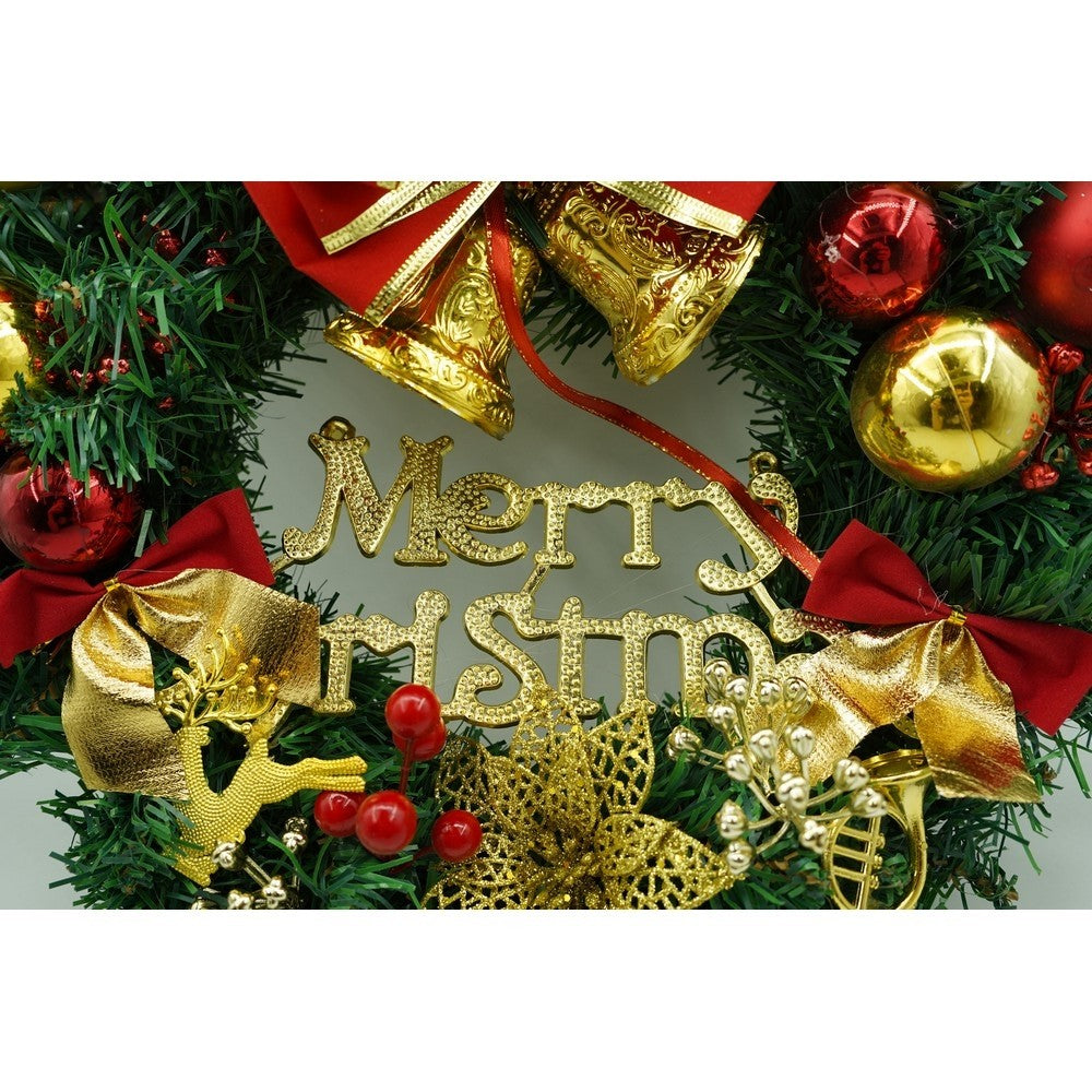 Karácsonyi koszorú ajtóra, piros/zöld, 40 cm, PVC, műbőr, díszített, beltéri/kültéri