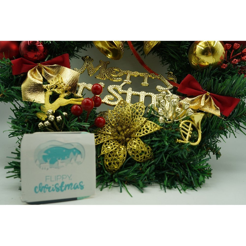 Karácsonyi koszorú ajtóra, piros/zöld, 40 cm, PVC, műbőr, díszített, beltéri/kültéri