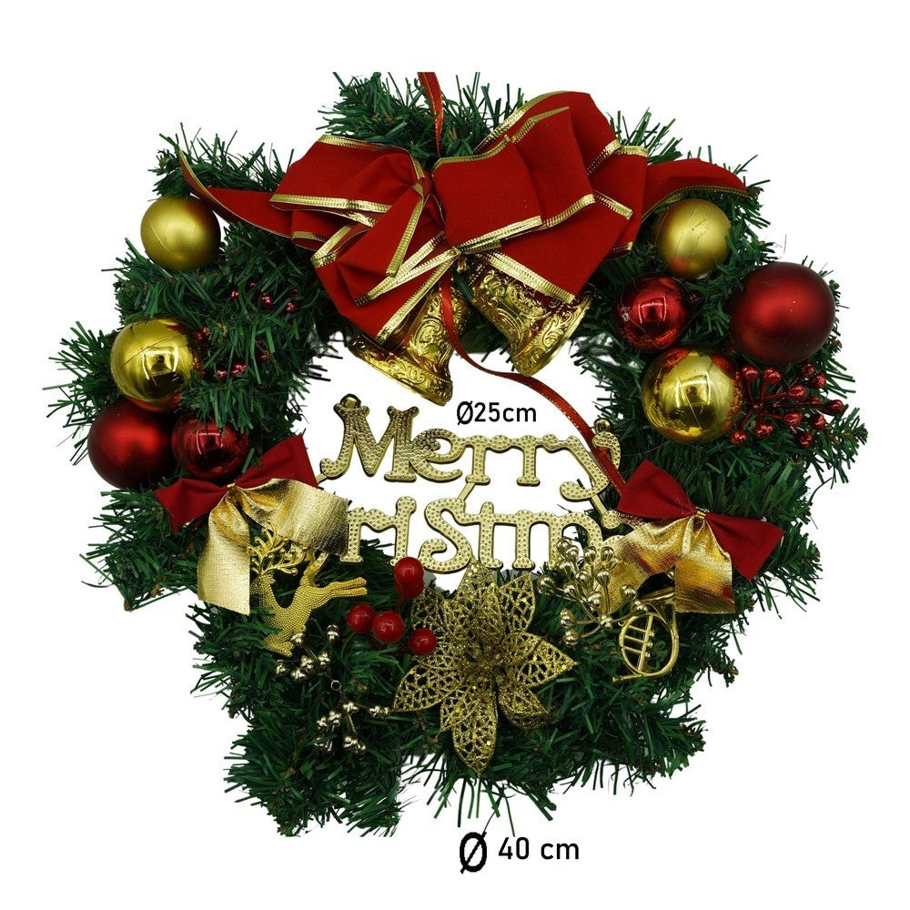 Karácsonyi koszorú ajtóra, piros/zöld, 40 cm, PVC, műbőr, díszített, beltéri/kültéri