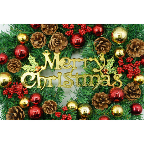 Karácsonyi koszorú ajtóra, piros-zöld, 40 cm, PVC, műbőr, díszített, beltérre/kültérre
