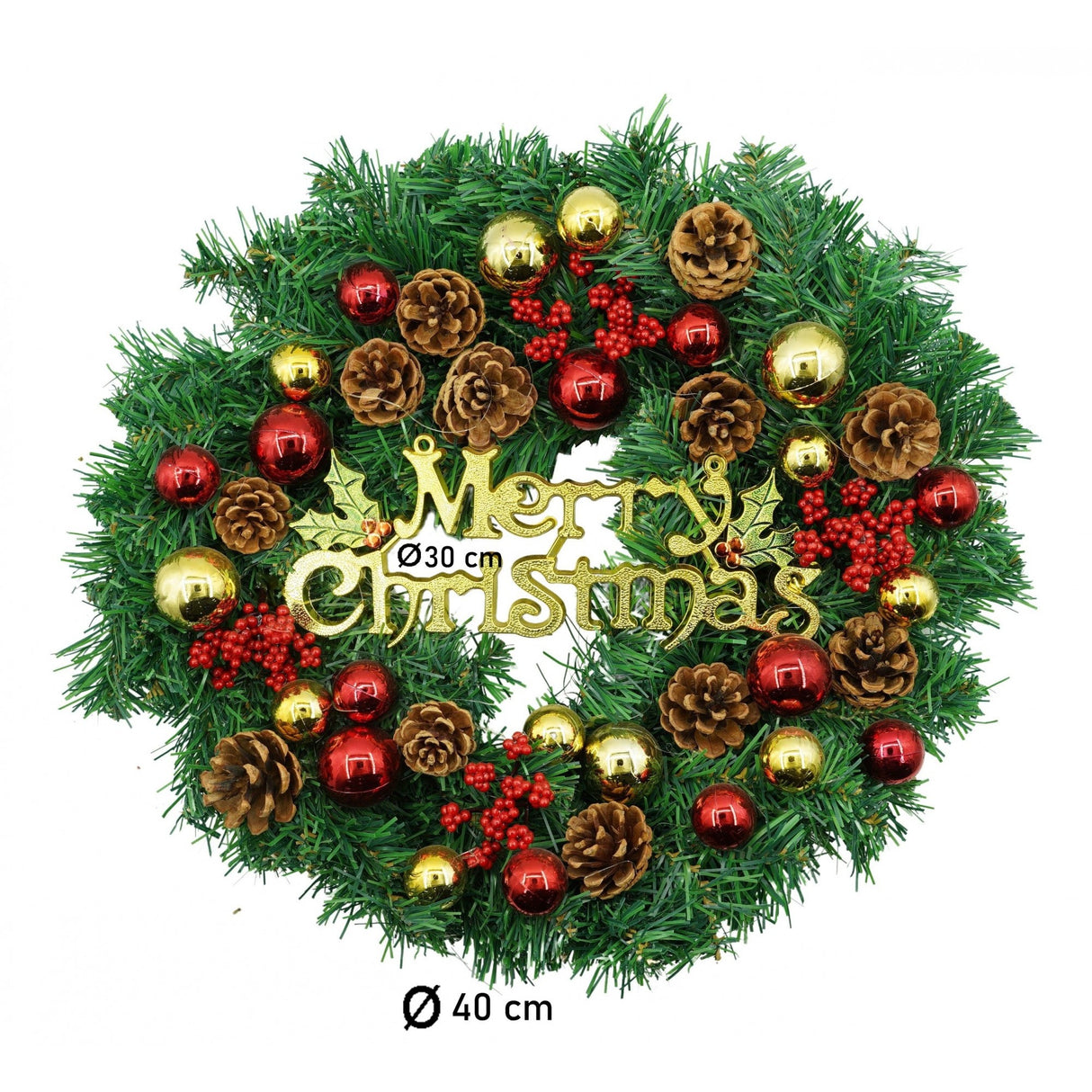Karácsonyi koszorú ajtóra, piros-zöld, 40 cm, PVC, műbőr, díszített, beltérre/kültérre