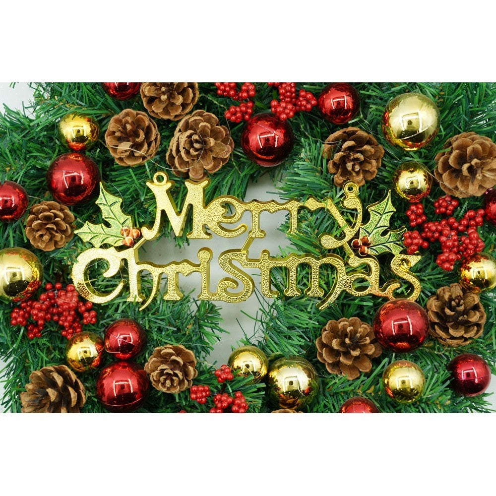 Karácsonyi koszorú ajtóra, piros-zöld, 40 cm, PVC, műbőr, díszített, beltérre/kültérre