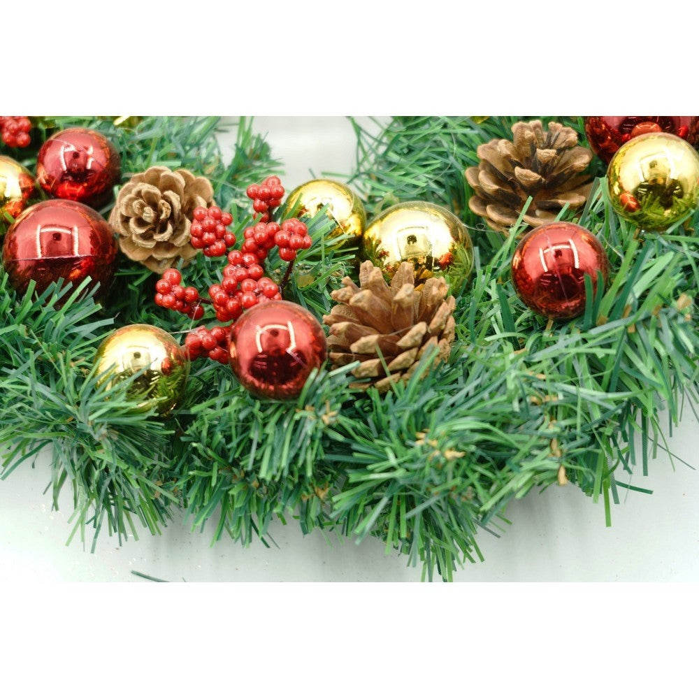 Karácsonyi koszorú ajtóra, piros-zöld, 40 cm, PVC, műbőr, díszített, beltérre/kültérre