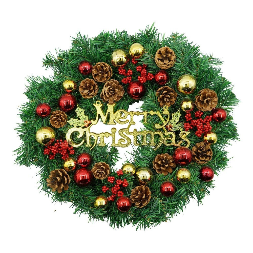 Karácsonyi koszorú ajtóra, piros-zöld, 40 cm, PVC, műbőr, díszített, beltérre/kültérre