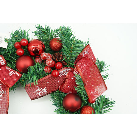 Karácsonyi koszorú ajtóra, piros/, 35 cm, ​​PVC, mű, díszített, beltéri/kültéri