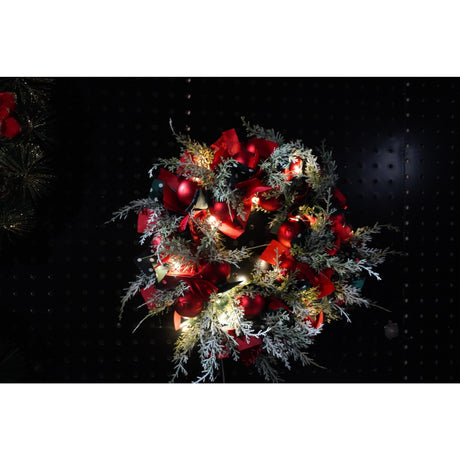 Karácsonyi koszorú ajtóra, piros/, 40 cm, PVC, mű, díszített, LED-del, beltéri/kültéri