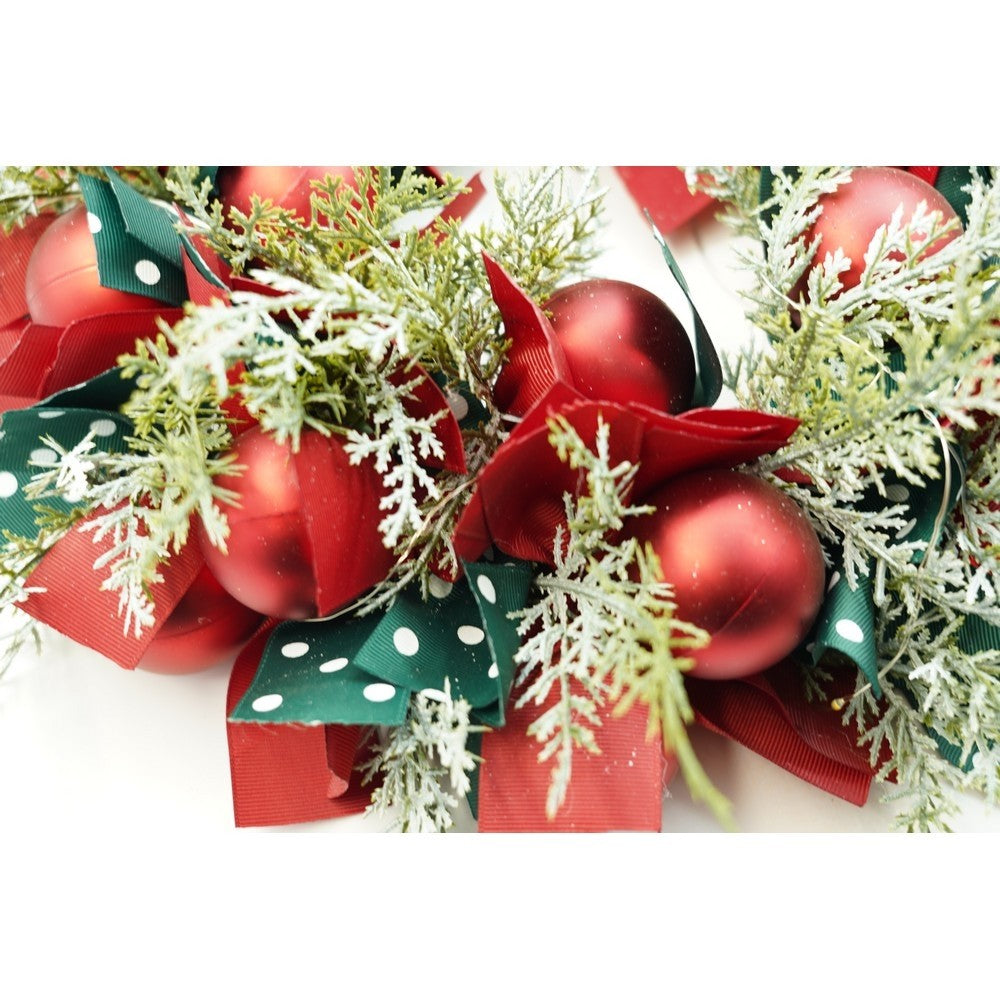 Karácsonyi koszorú ajtóra, piros/, 40 cm, PVC, mű, díszített, LED-del, beltéri/kültéri