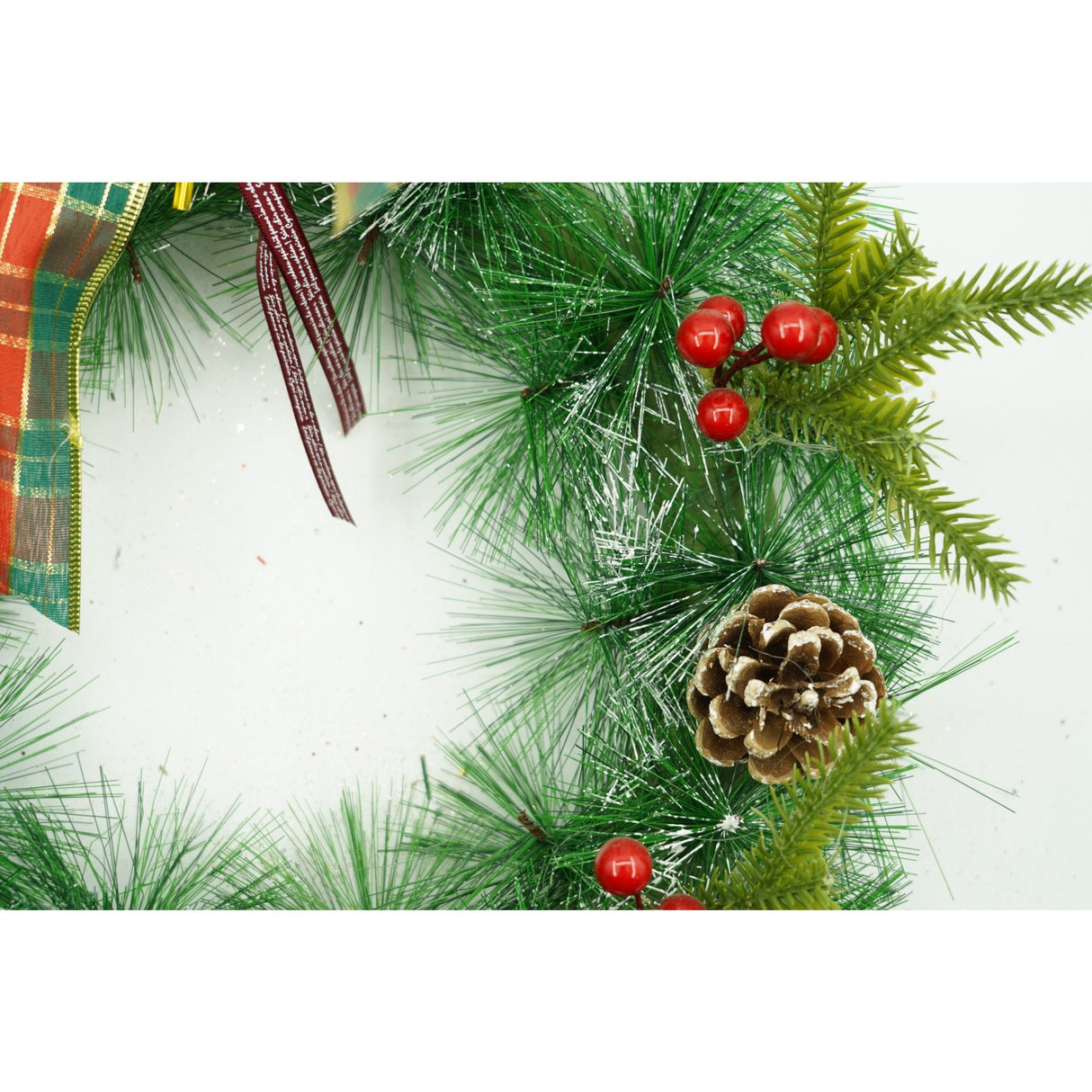 Karácsonyi koszorú ajtóra, piros, 40 cm, PVC, mű, díszített, beltéri/kültéri