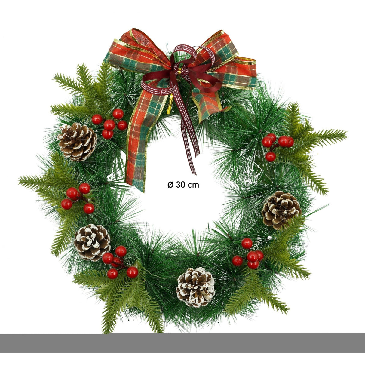Karácsonyi koszorú ajtóra, piros, 40 cm, PVC, mű, díszített, beltéri/kültéri