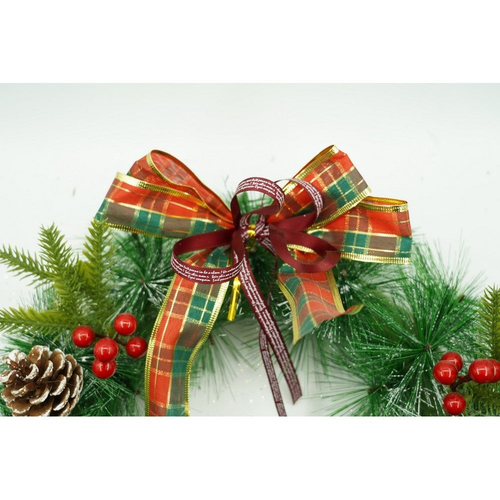 Karácsonyi koszorú ajtóra, piros, 40 cm, PVC, mű, díszített, beltéri/kültéri
