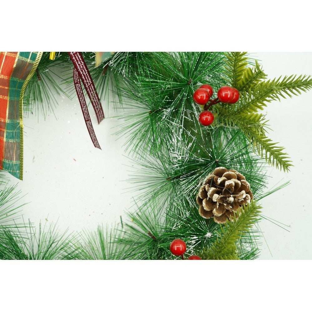 Karácsonyi koszorú ajtóra, piros, 40 cm, PVC, mű, díszített, beltéri/kültéri