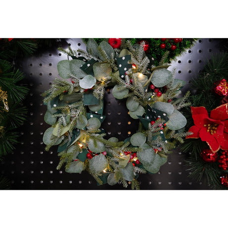 Karácsonyi koszorú ajtóra, piros, 40 cm, PVC, mű, díszített, beltéri/kültéri