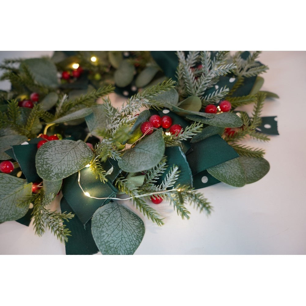 Karácsonyi koszorú ajtóra, piros, 40 cm, PVC, mű, díszített, beltéri/kültéri
