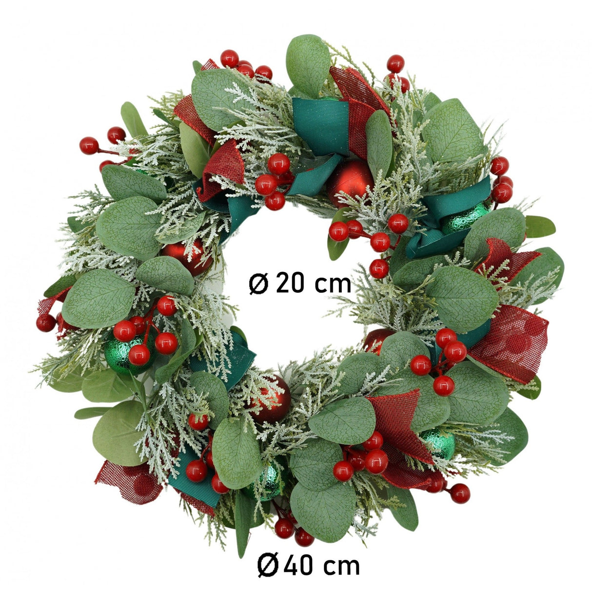 Karácsonyi koszorú ajtóra, piros, 40 cm, PVC, mű, díszített, beltéri/kültéri