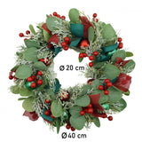Karácsonyi koszorú ajtóra, piros, 40 cm, PVC, mű, díszített, beltéri/kültéri