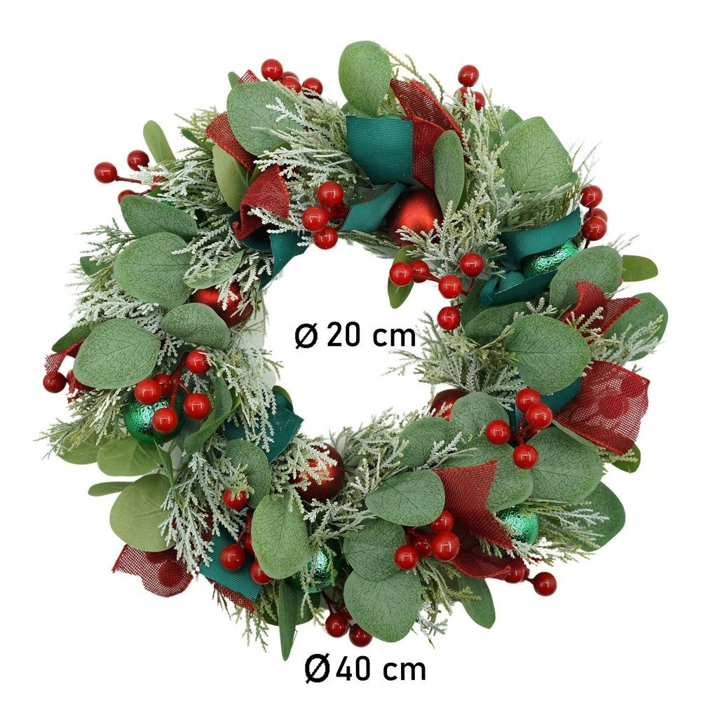 Karácsonyi koszorú ajtóra, piros, 40 cm, PVC, mű, díszített, beltéri/kültéri