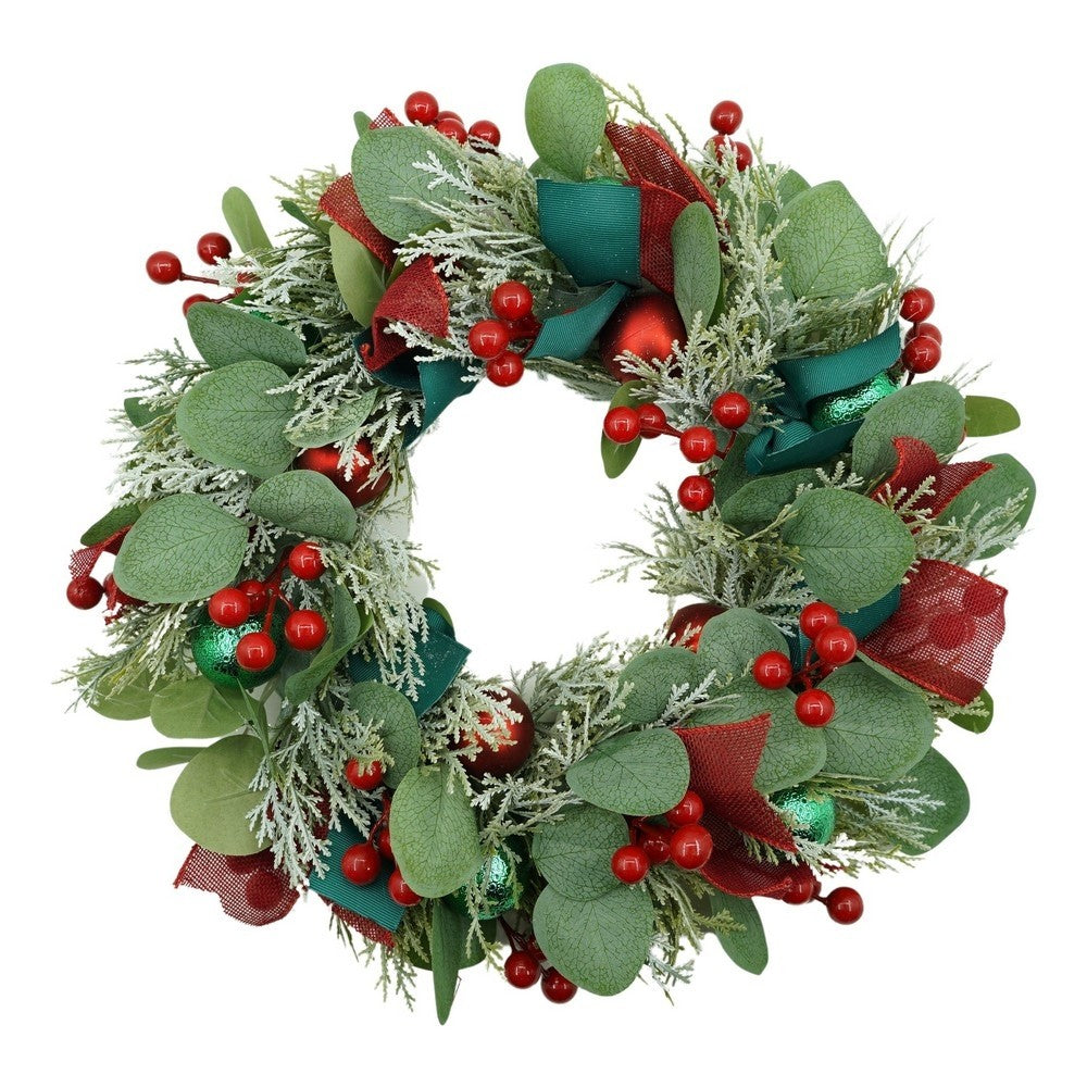 Karácsonyi koszorú ajtóra, piros, 40 cm, PVC, mű, díszített, beltéri/kültéri