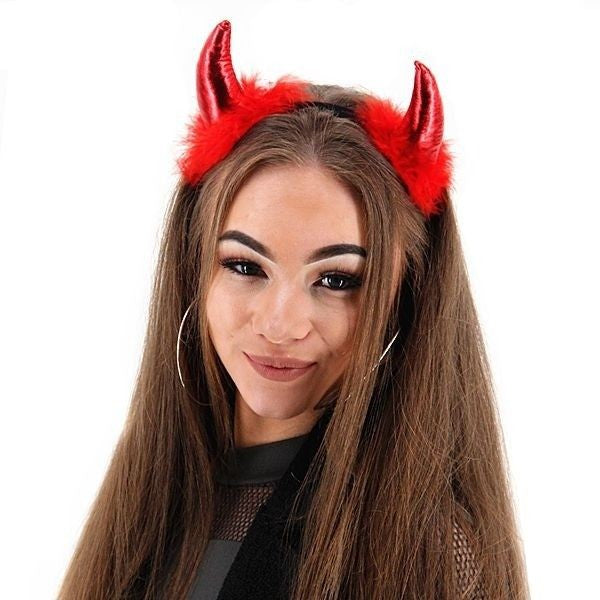 Coronita Deghizare, Vivimall, Model Cornite Devil, Rosu Satinat cu Puf Rosu, Marime Universala - vivimall.ro