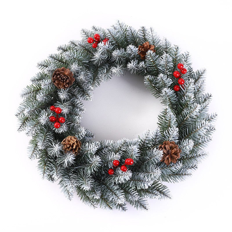 Karácsonyi koszorú 60 cm, műfenyőből, tobozokkal és áfonyával díszítve, fehér/