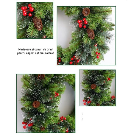 Coronita pentru Craciun Vivimall, 60 cm, din brad artificial, decorata cu conuri si merisoare, Verde - vivimall.ro