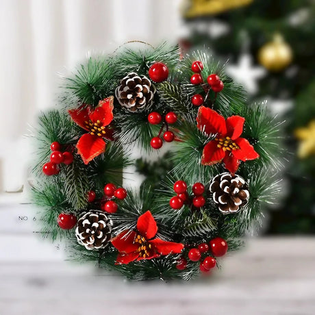 Karácsonyi koszorú, átmérője 32 cm, műfenyőből, tobozokkal és áfonyával díszítve, 3 piros masnival. /Fehér